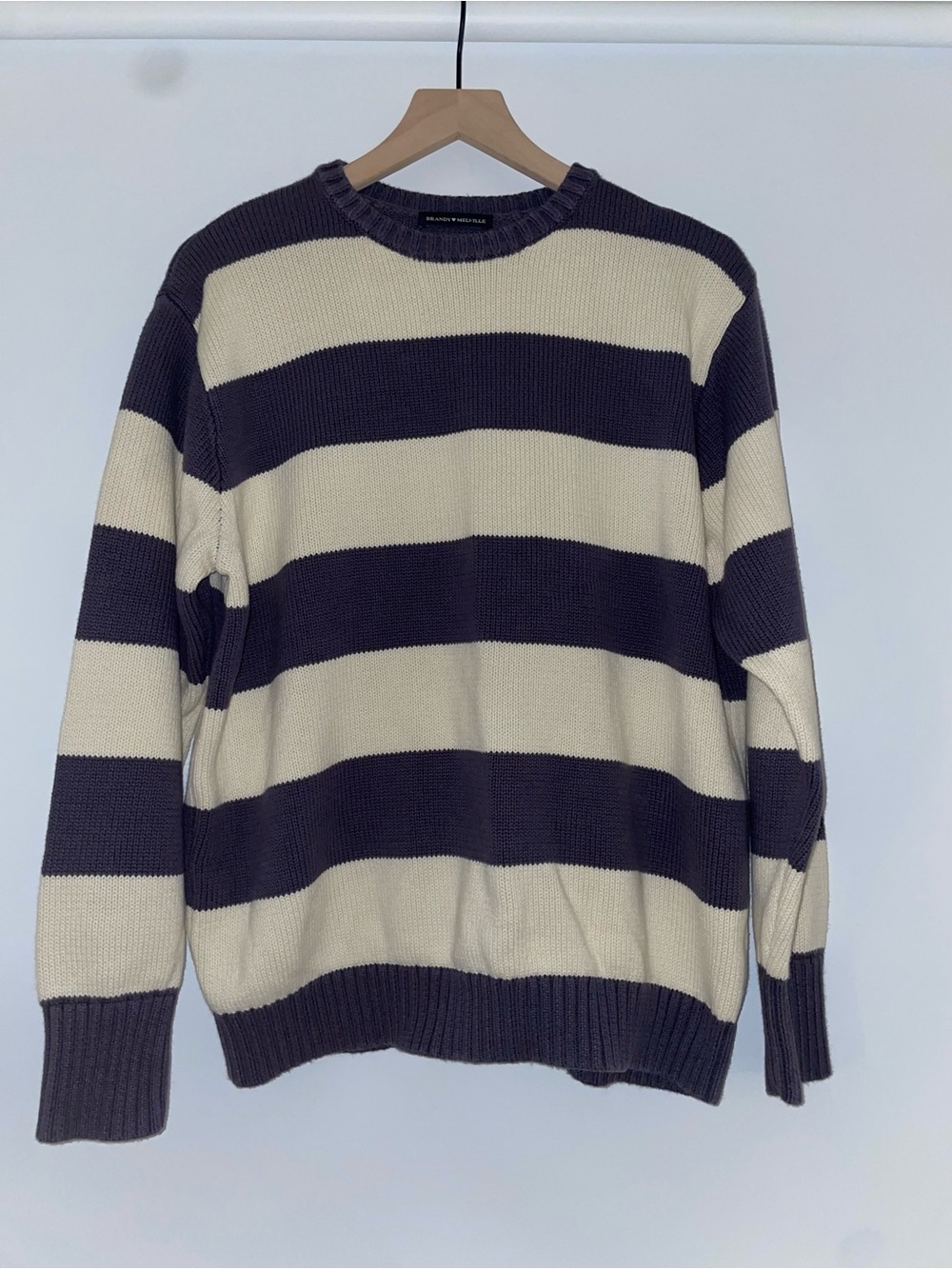 Brandy Melville Cream and Dark Navy Striped Crewneck Sweater